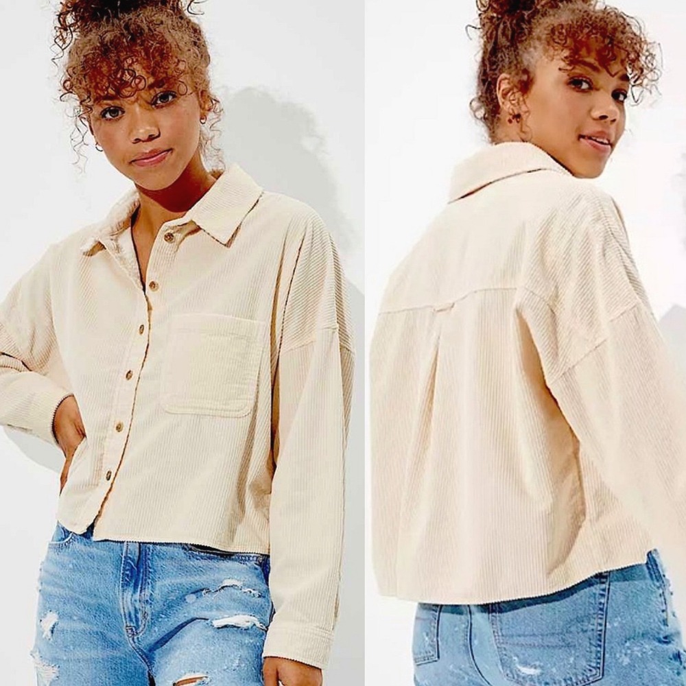 American Eagle Women Corduroy Shacket XL Beige Cropped Oversized Boxy Barn Chore